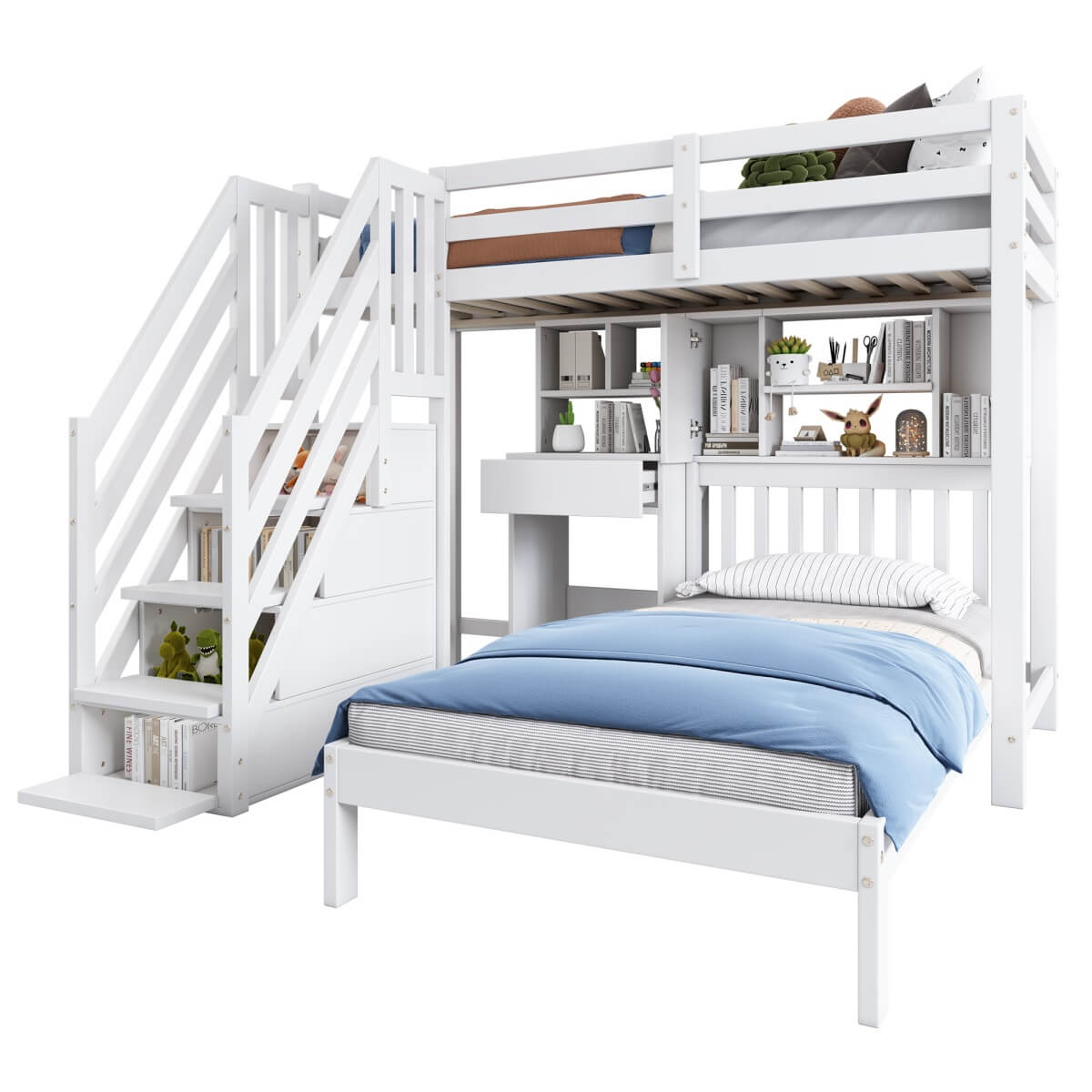 Kids Wooden Bunk Bed with Desk & Storage - 3ft Cabin Bed Frame, White