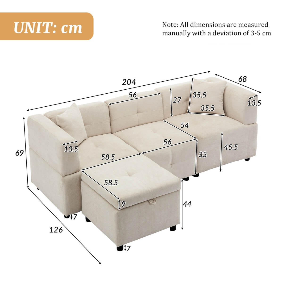 L-Shaped Corner Sofa - 80" Fabric Sectional Sofa with Removable Storage Ottoman & 2 Cushions, Beige