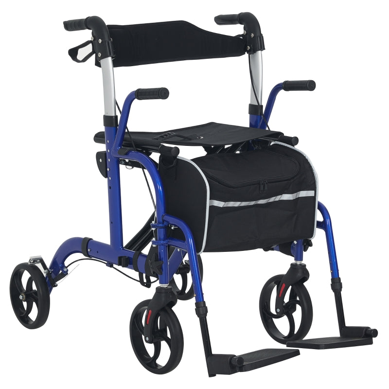 2 in 1 Wheelchair Transport Chair & Folding Rollator Walker with Seat, Backrest, Footrest, Lightweight, Adjustable Height, Pearl Blue