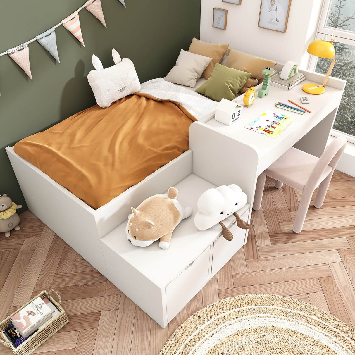 3ft Kids Single Bed with Desk & Drawers – White Wooden Storage Bed for Teens & Adults