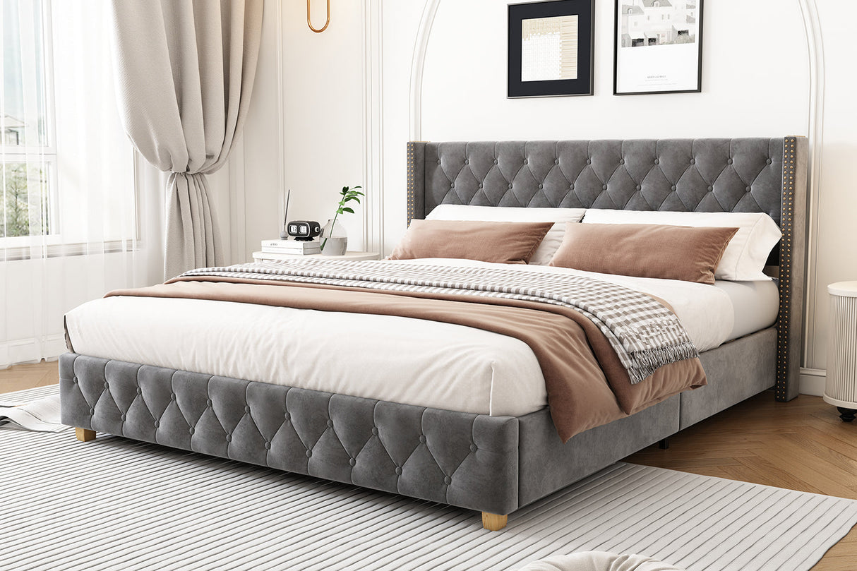 Upholstered Double Bed (4ft6/135x190cm) with Slatted Frame, Headboard, Button & Rivet Upholstery, Wooden Legs, Grey Velvet