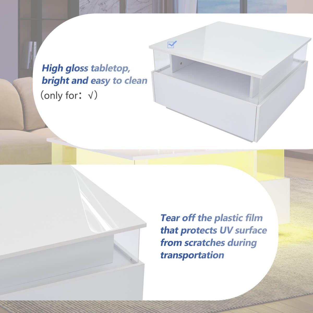 LED Coffee Table with Storage - Square Design, 2 Sliding Drawers, White