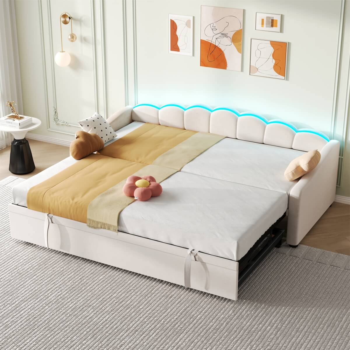 3ft Velvet Daybed with Trundle - Upholstered Sofa Bed with RGB LED Lights, Beige