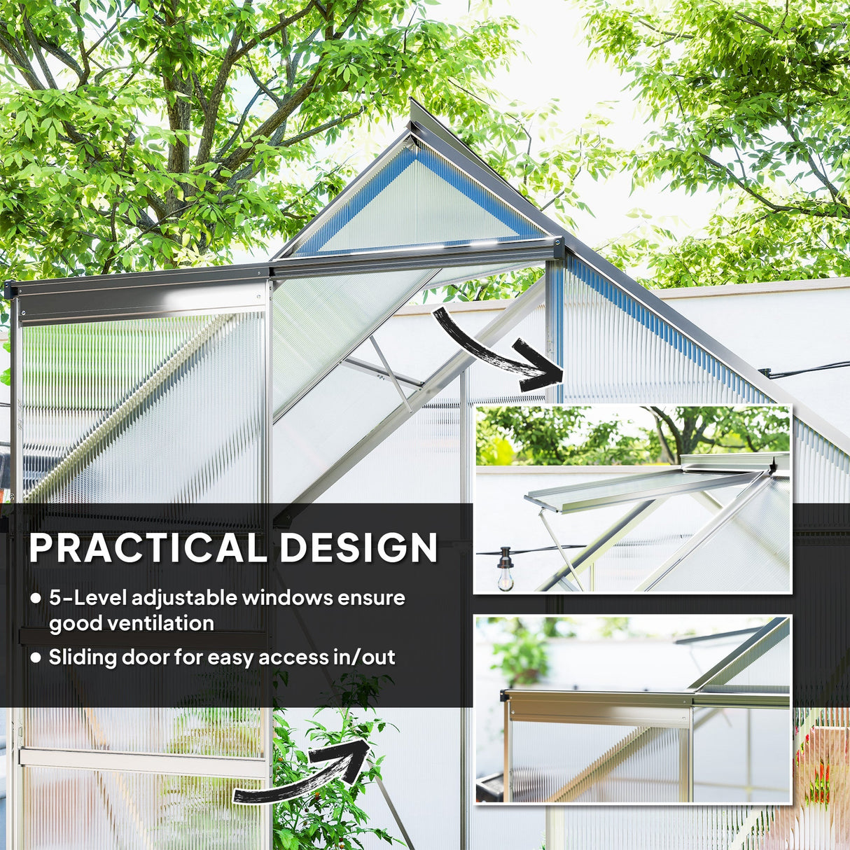 Walk-In Polycarbonate Greenhouse 192.5 x 131cm, Silver-Tone