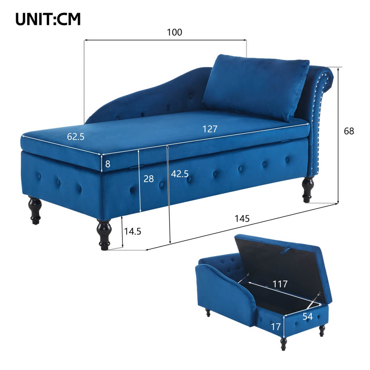 Velvet Chaise Lounge with Storage - Tufted Upholstered Sofa, Right Armrest, Blue