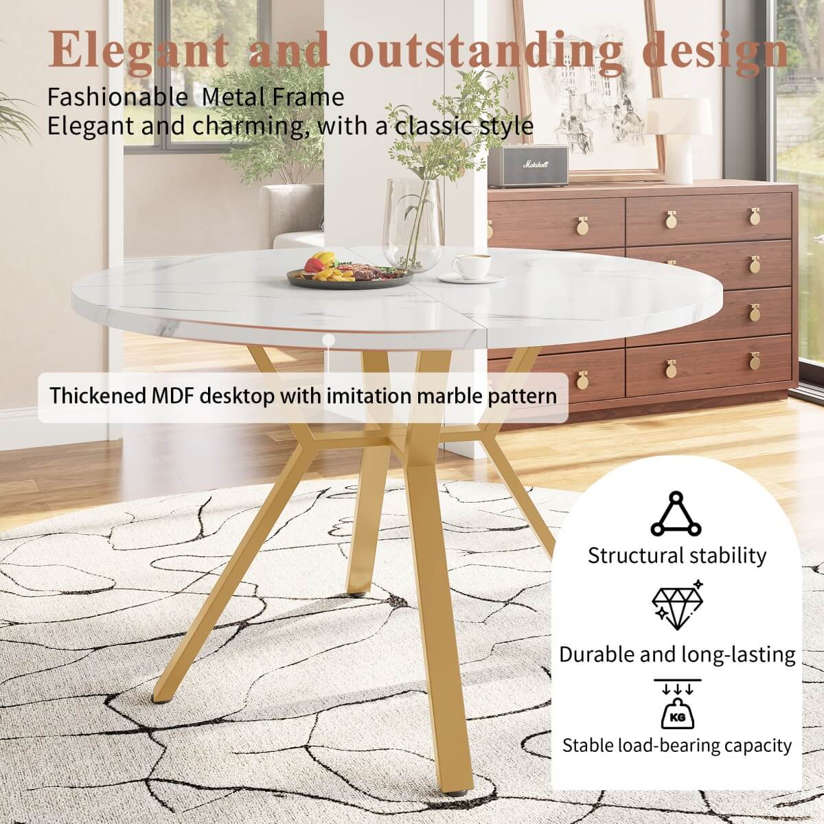 Round Marble Dining Table with X-Shaped Metal Base - Modern & Durable Table
