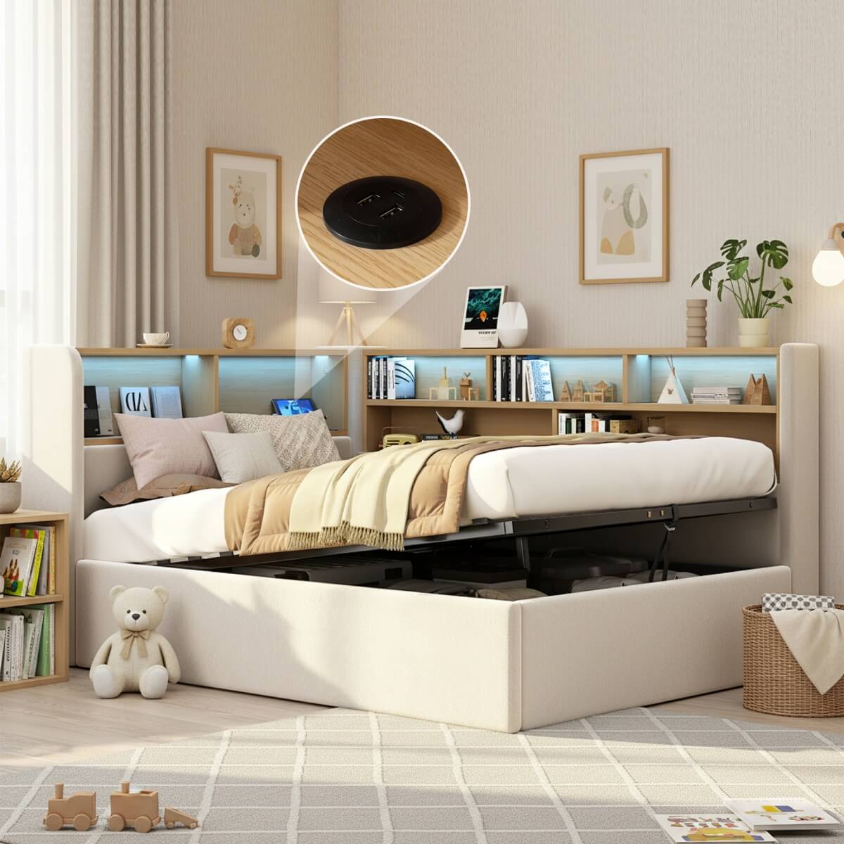 3FT Single L-Shaped Upholstered Daybed - Velvet Sofa Bed with Hydraulic Storage & USB