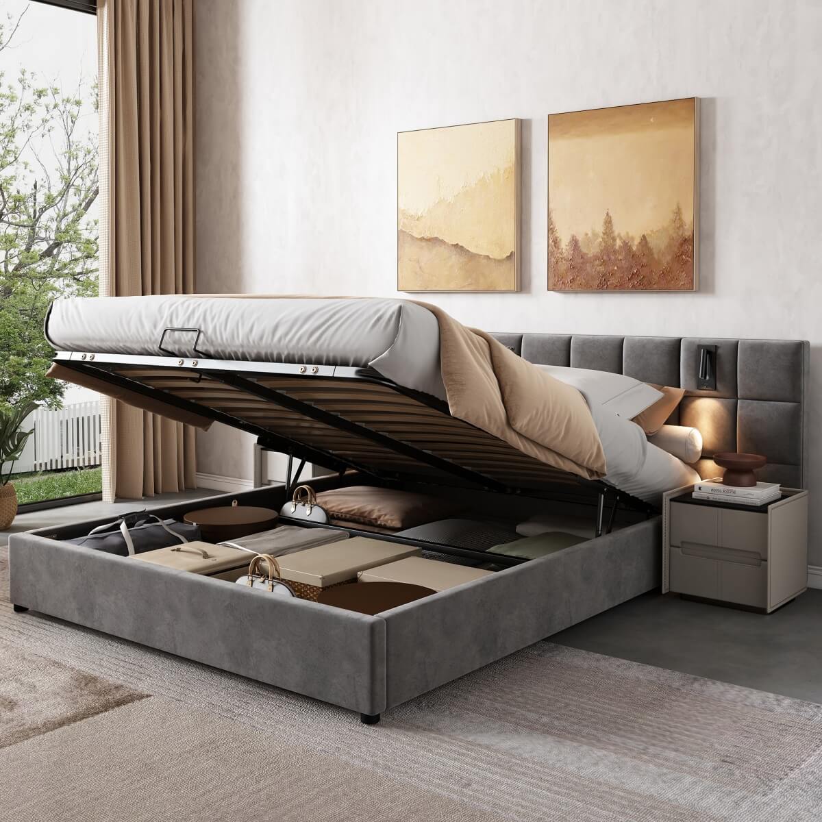 4ft6 Double Velvet Ottoman Storage Bed with USB Charging & Reading Light - Wide Headboard, Grey