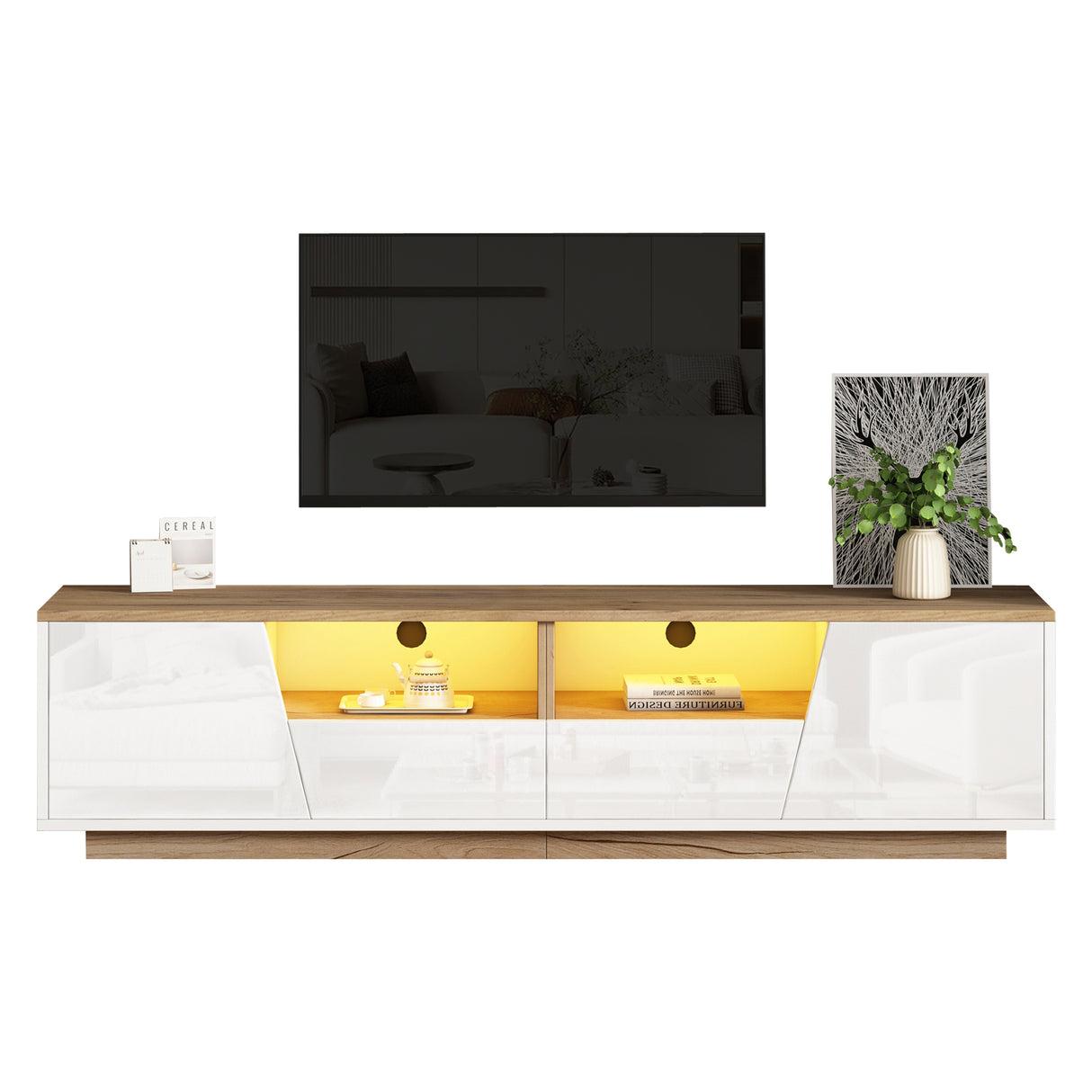 LED TV Stand for 65 Inch TV, Modern Wood Media Console with Storage Drawers, Cabinets and Cable Management, Low Profile Entertainment Center for Living Room Bedroom, White & Oak