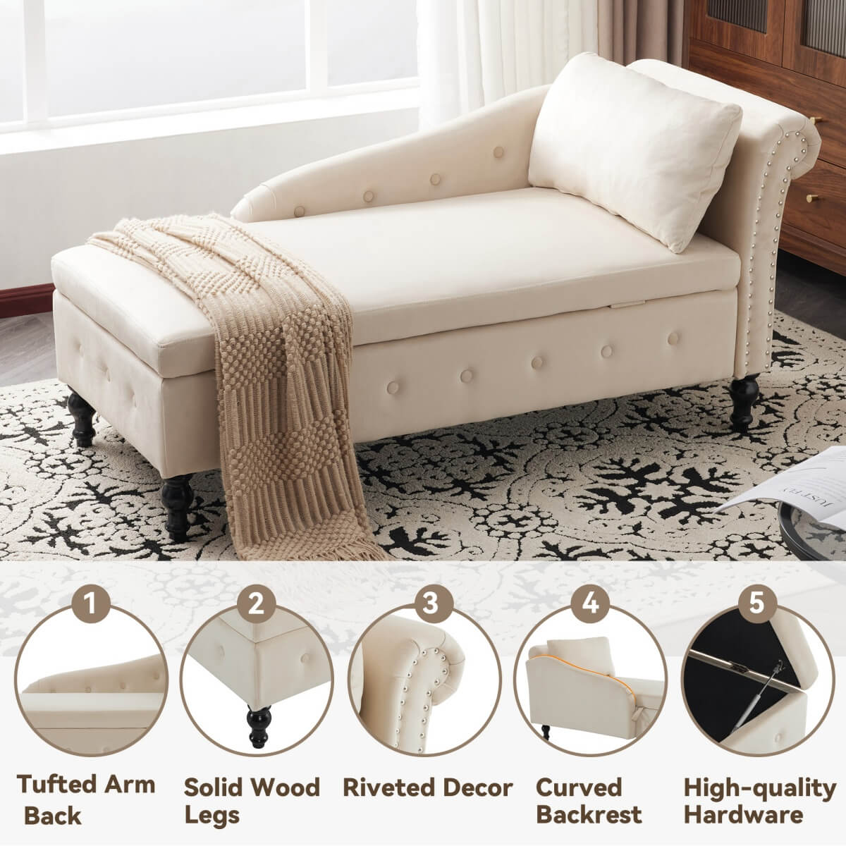 Velvet Chaise Lounge Sofa with Storage – Modern Upholstered Couch, Button-Tufted, Living Room