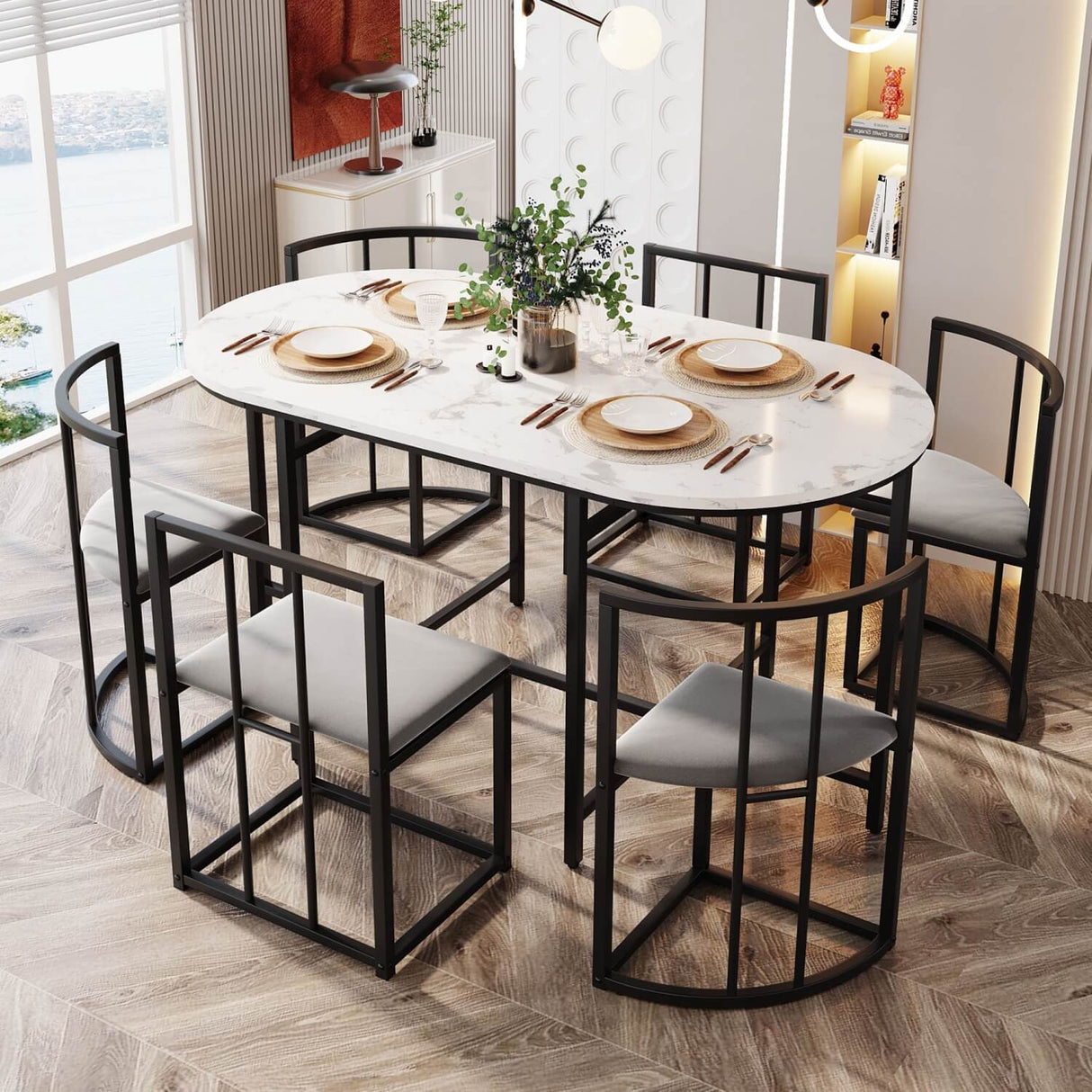 6 Seater Dining Table Set – White Table with Grey Cushioned Chairs, Black Metal Frame, Modern Dining Room Set