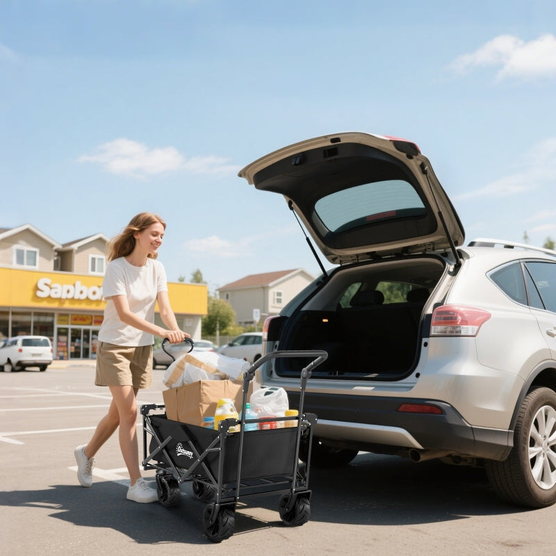 Folding Trolley Cart with Wheels and Canopy, Black