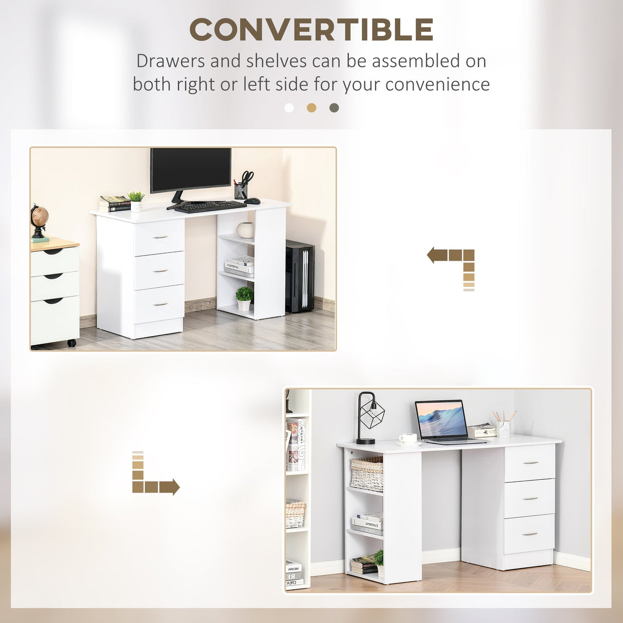 Computer Desk with 3 Storage Shelves & Drawers, White