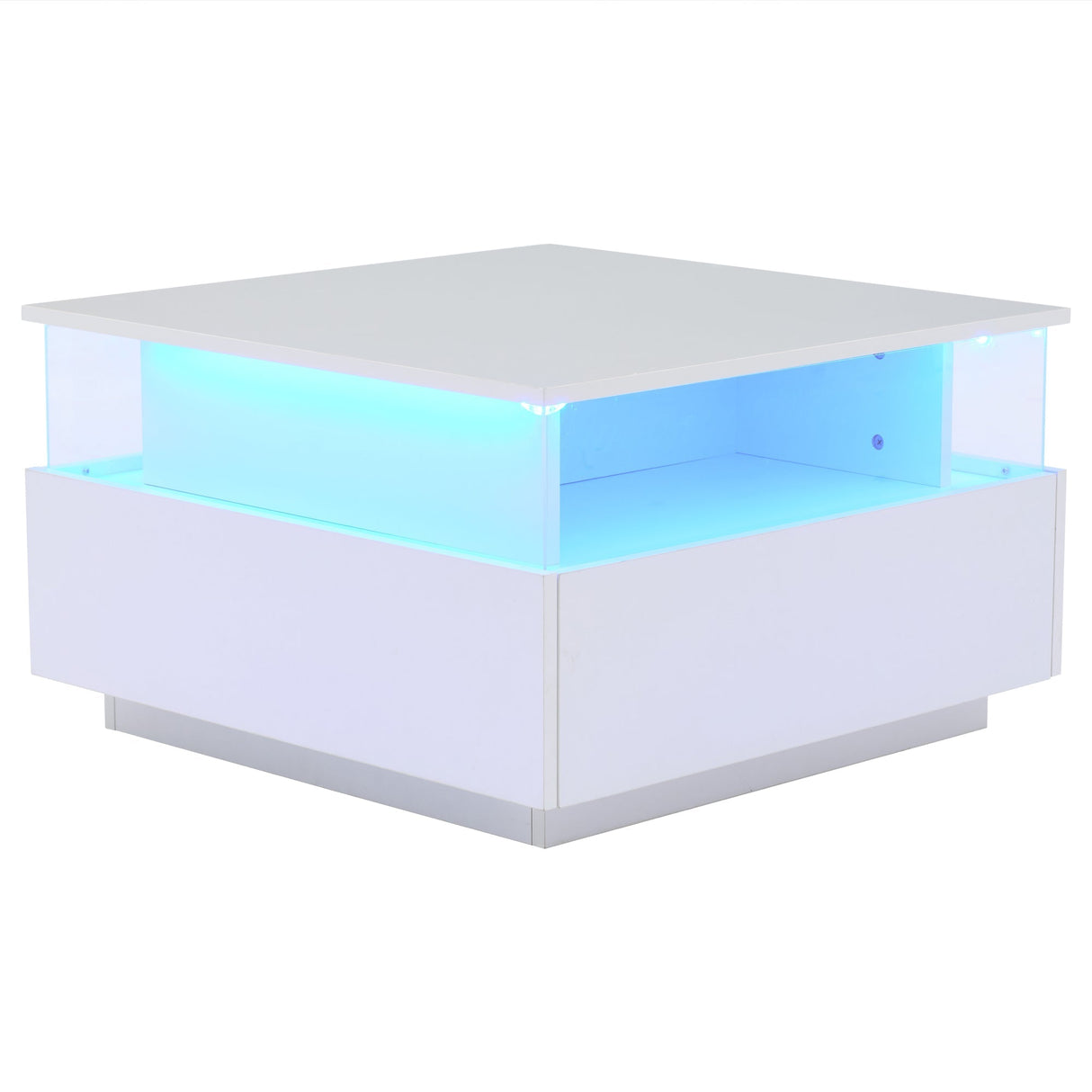 Coffee Table with Storage, Modern LED, White Wood and Acrylic Glass