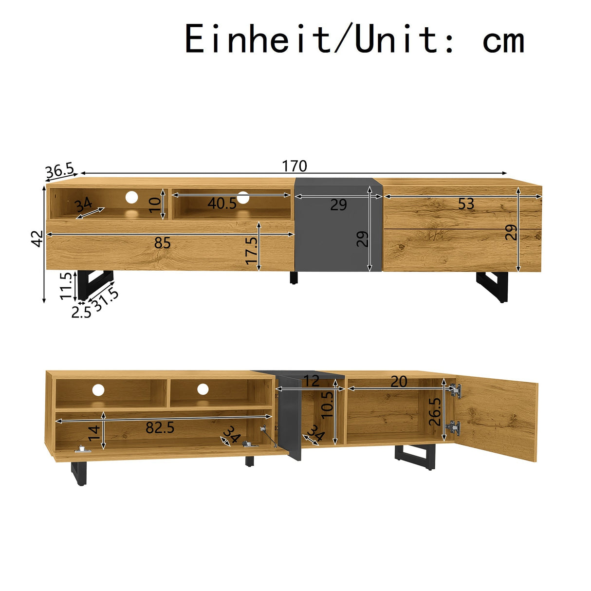 Colorblock TV Cabinet, Three Doors Two Compartments U-Shaped Legs, Retro Wood Grain