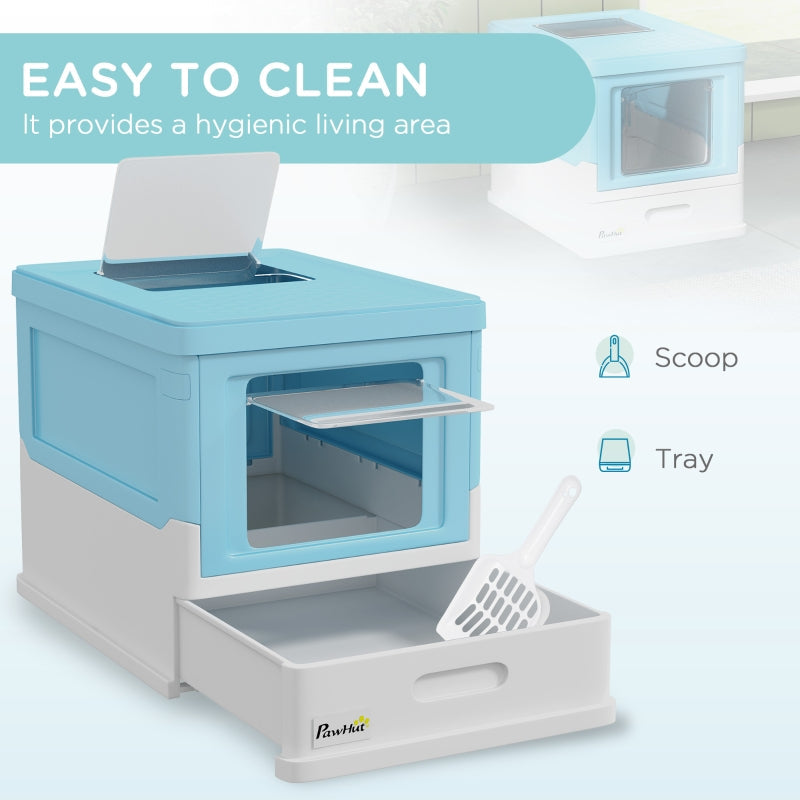 Hooded Cat Litter Box, Portable Pet Toilet, Scoop and Front Entry - Light Blue