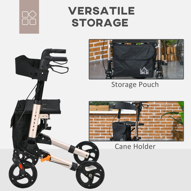 4 Wheel Rollator, Folding Mobility Walker with Seat and Brakes, Lightweight Aluminium, Gold Tone