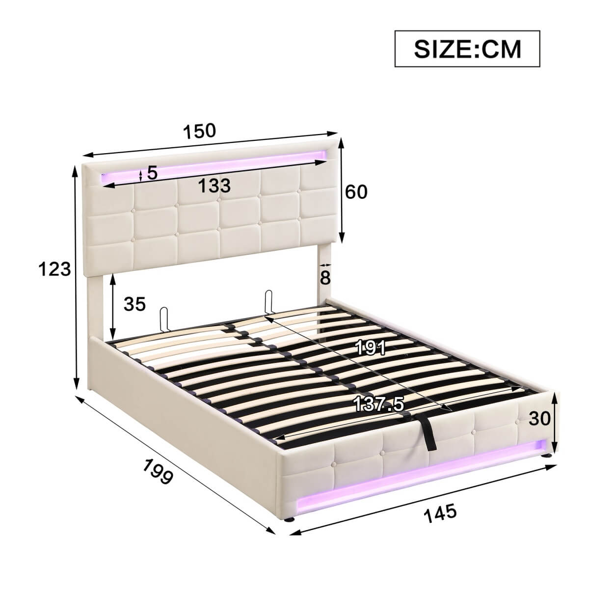 4ft6 Double Velvet Hydraulic Storage Bed with LED Lights - Upholstered Bed Frame, Beige