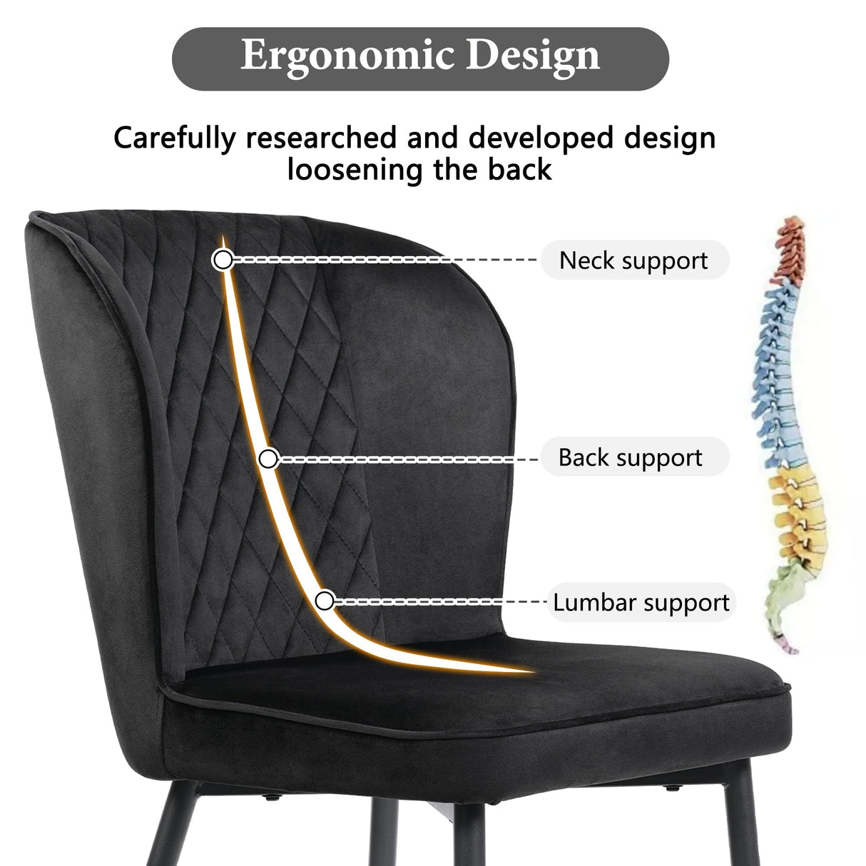 Velvet Dining Chair (2 pcs), Modern Vanity Chair with Metal Legs, Black