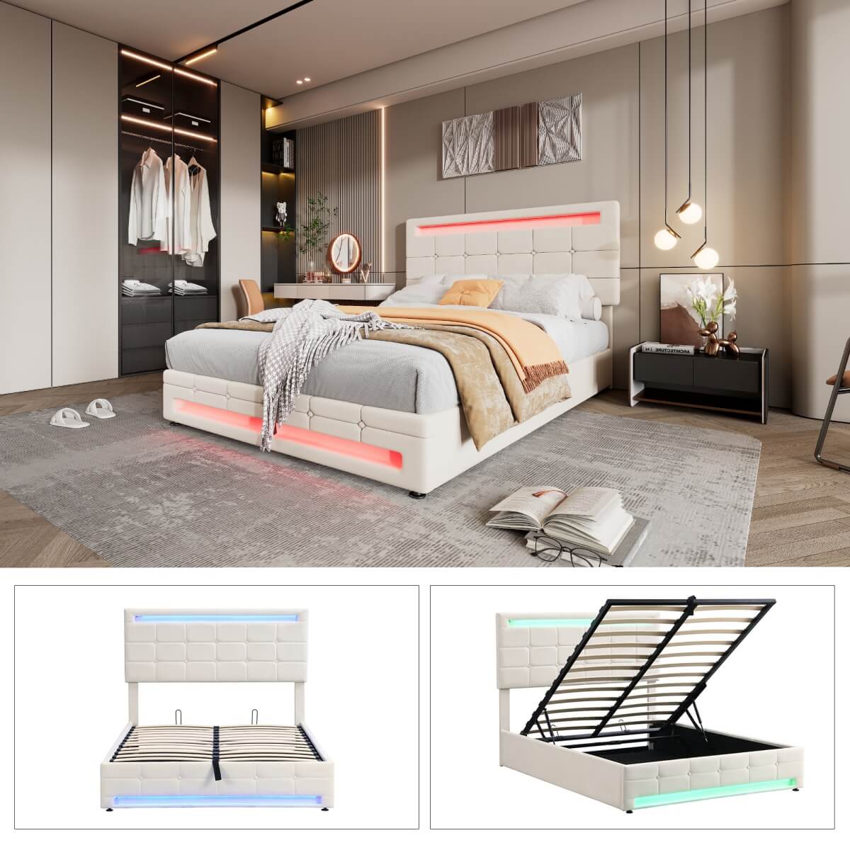 4ft6 Double Velvet Hydraulic Storage Bed with LED Lights - Upholstered Bed Frame, Beige