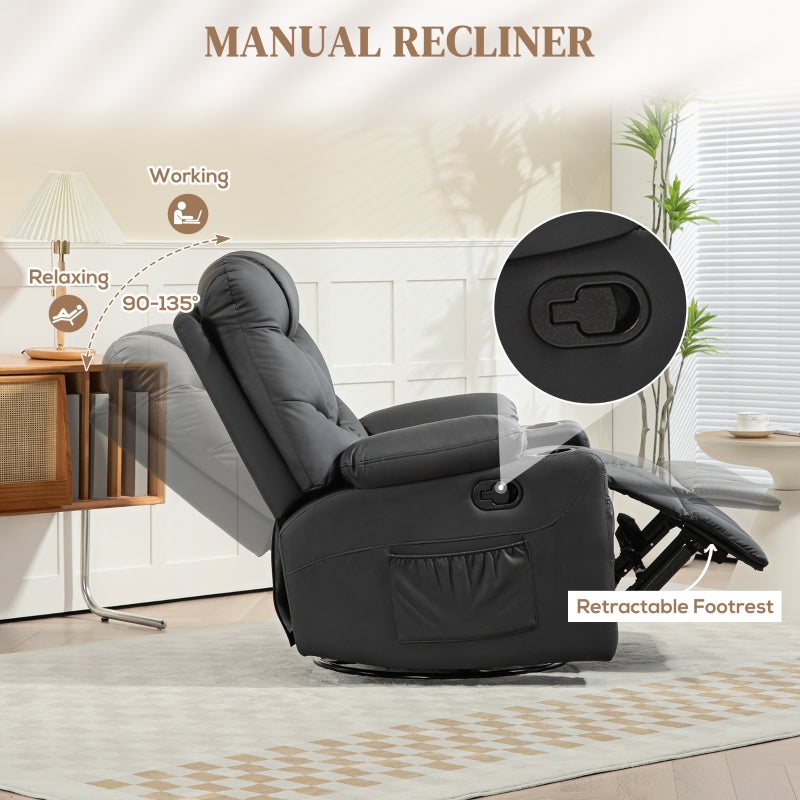Manual Reclining Chair, Swivel Armchair with Footrest and Cup Holders, Black Faux Leather