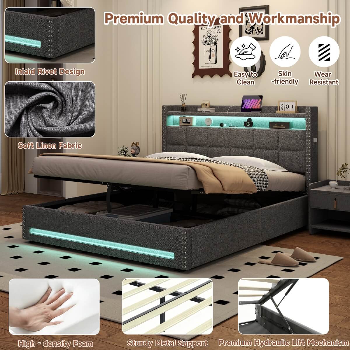 5ft King Ottoman Bed Frame - LED Upholstered Storage Bed with USB & Type C Charging, Grey