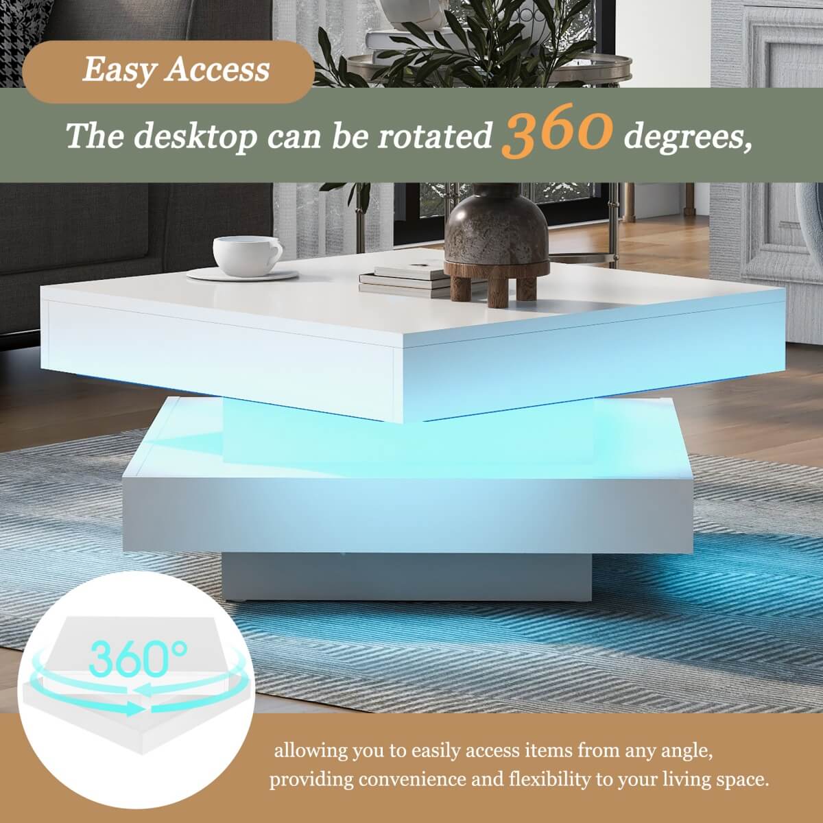 White High Gloss Coffee Table with 360¡ã Rotating Top & LED
