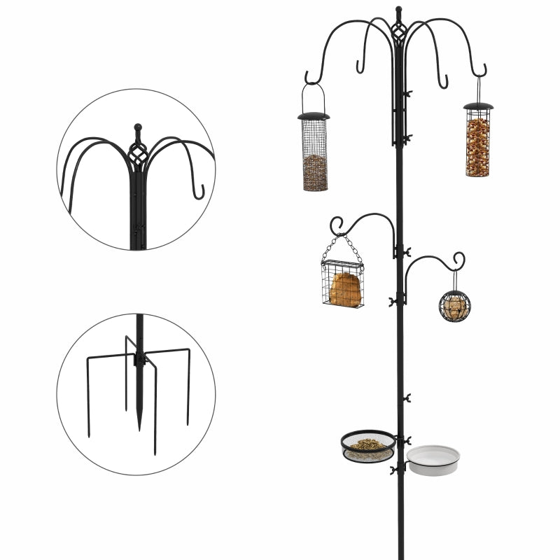 Bird Feeding Station Kit, 6 Hooks, 4 Hanging Feeders, Black