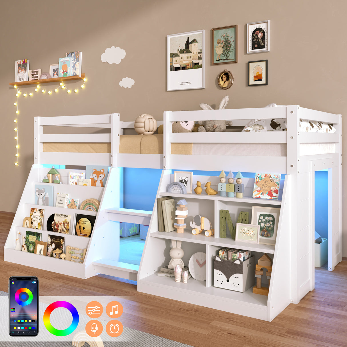3ft Single Low Loft Bed with LED Light, Wooden Bed Frame with Stairs, Bookcase, Storage Shelf and Under-bed Play Space, Modern Bed with Safety Guardrail, Saving-space Design, White (No Mattress)