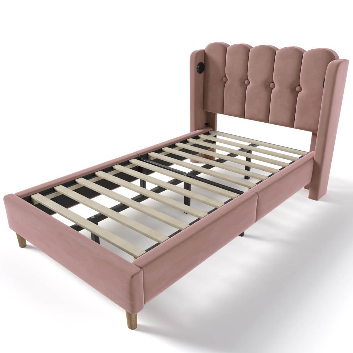 3ft Single Velvet Upholstered Bed with USB Charging - Pink Bed Frame
