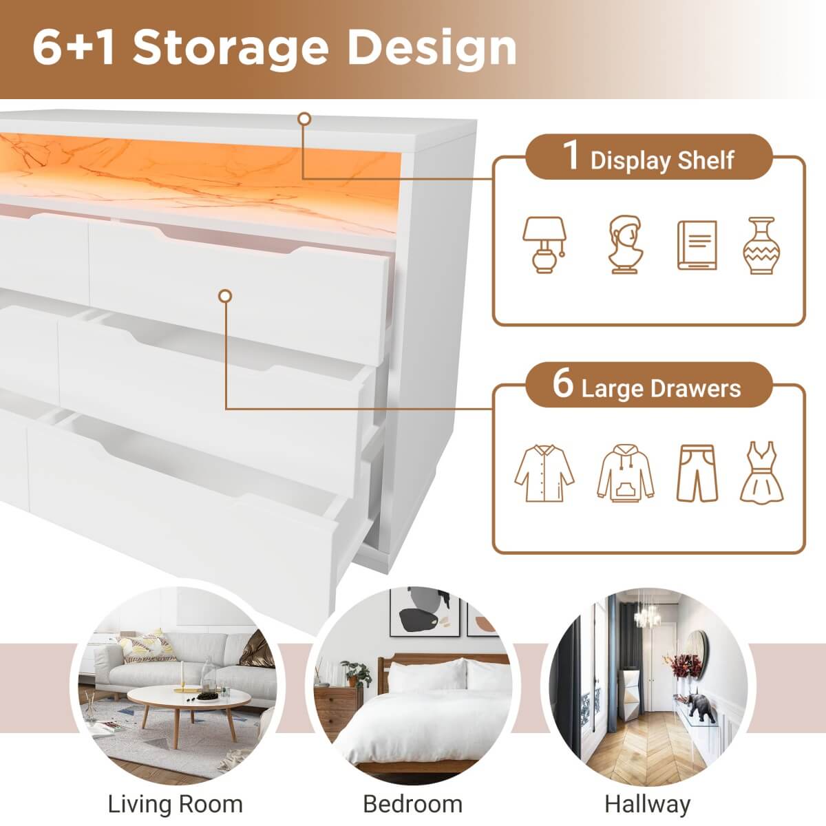 6 Drawer Chest of Drawers with RGB LED Lights - Modern Marble Effect Storage Cabinet with Shelves for Bedroom or Living Room, White