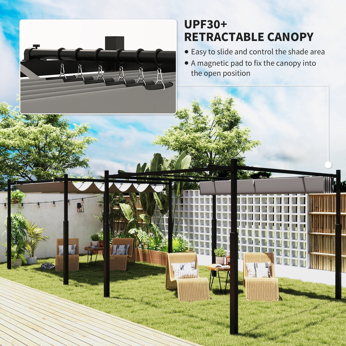 Metal Pergola with Retractable Roof, Magnetic Fixture, Sun Shade Canopy, Grey