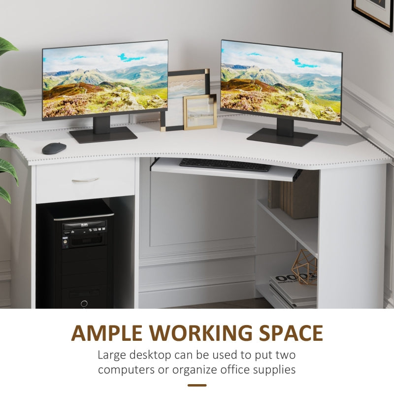 L-Shaped Corner Computer Desk with 2 Shelves, Keyboard Tray, and CPU Stand - White