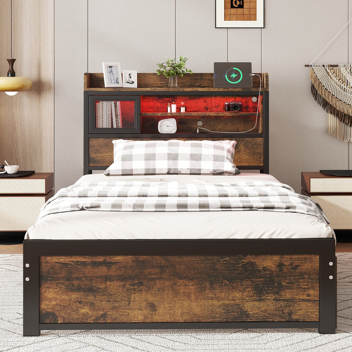 Metal Bed, 3FT Single with LED Light Strip, 2 Drawers & 3 Charge Ports, Durable & Sturdy, Black Iron & Wood Color