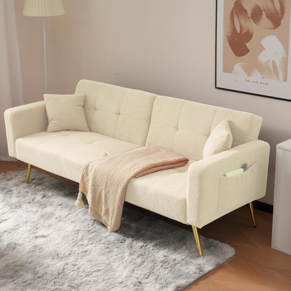 Modern Convertible Sofa Bed - Adjustable Recliner with Gold Legs and Side Storage Pockets, Beige