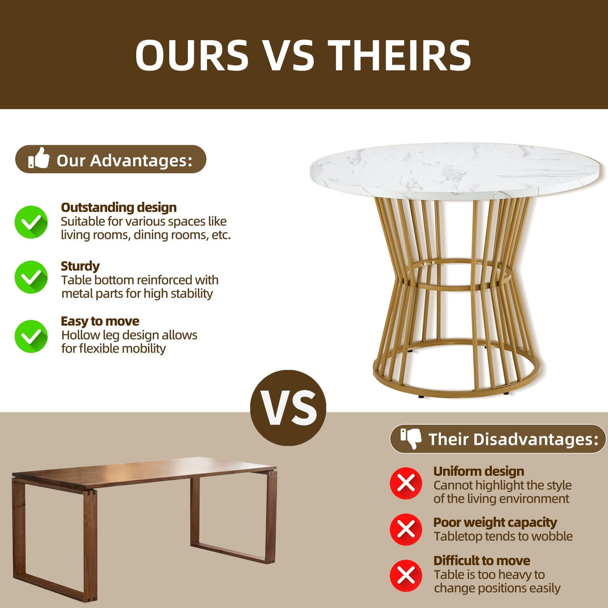 White with Metal Leg (1 piece), Kitchen Table, Sturdy Metal Frame