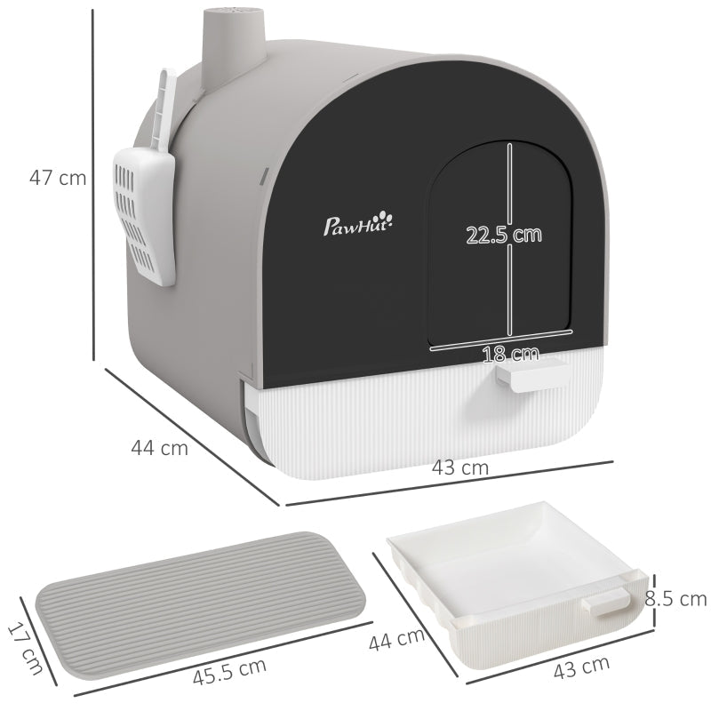 Hooded Cat Litter Box with Lid, Scoop, Filter, Flap Door, Light Grey