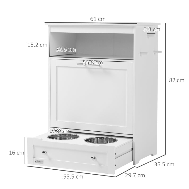 Pet Feeder Station, Dog Cat Storage Container with Raised Bowls, White