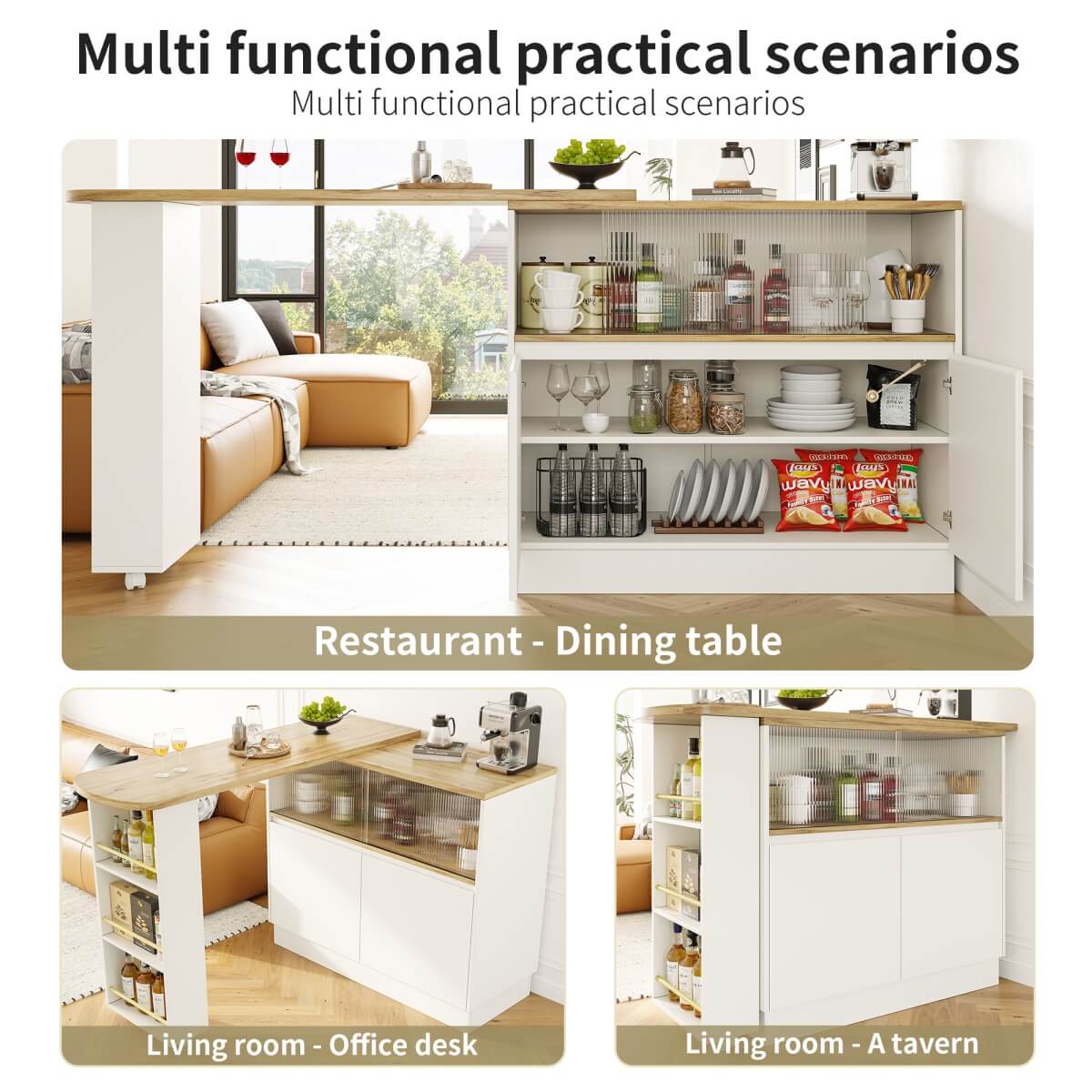 360° Swivel Kitchen High Table - Multifunctional White Sideboard with Storage and Sliding Glass Door