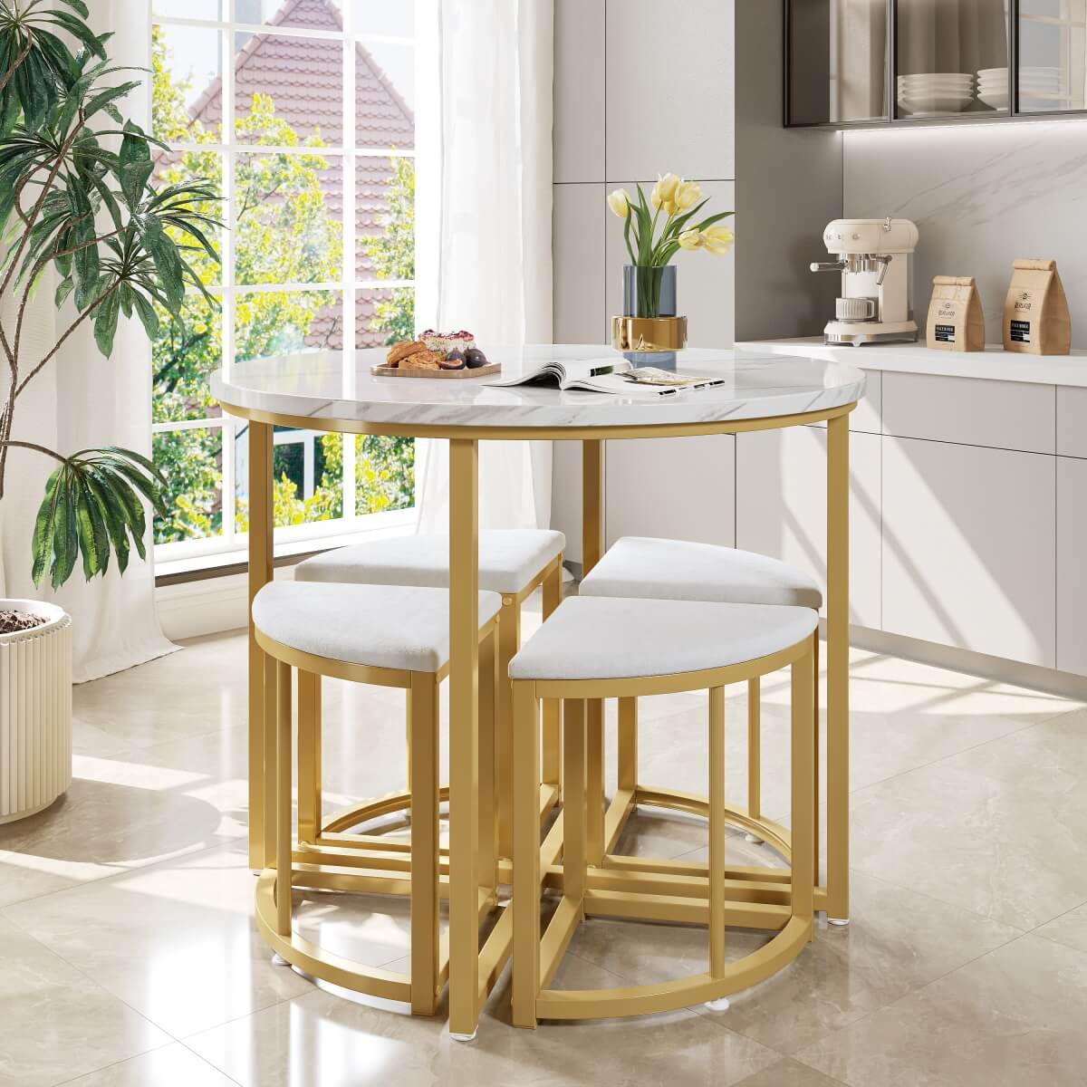 4 Seater Dining Table Set with Velvet Chairs - MDF Tabletop with Gold Iron Frame
