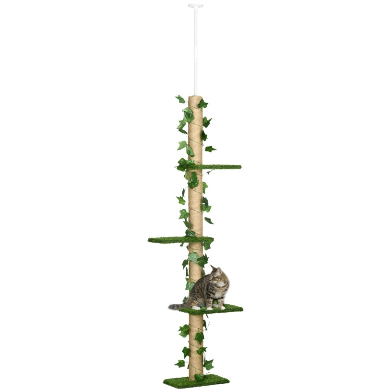 Cat Tree, 242cm Adjustable Floor-To-Ceiling with Perches, Anti-Slip Kit - Green