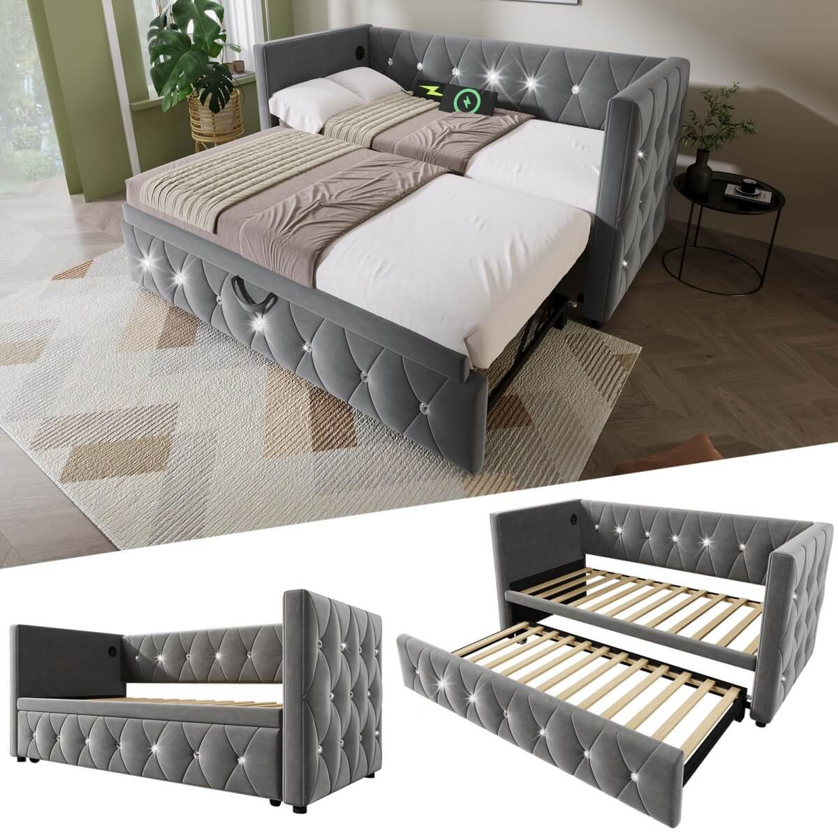 3ft Single Velvet Daybed with Trundle - Sofa Bed with USB & Type C Charging, Grey
