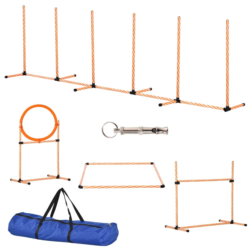 Dog Agility Equipment Pet Training Set, Adjustable Height Jump Ring Hurdle Whistle Weave Poles Square Pause Box with Carry Bag