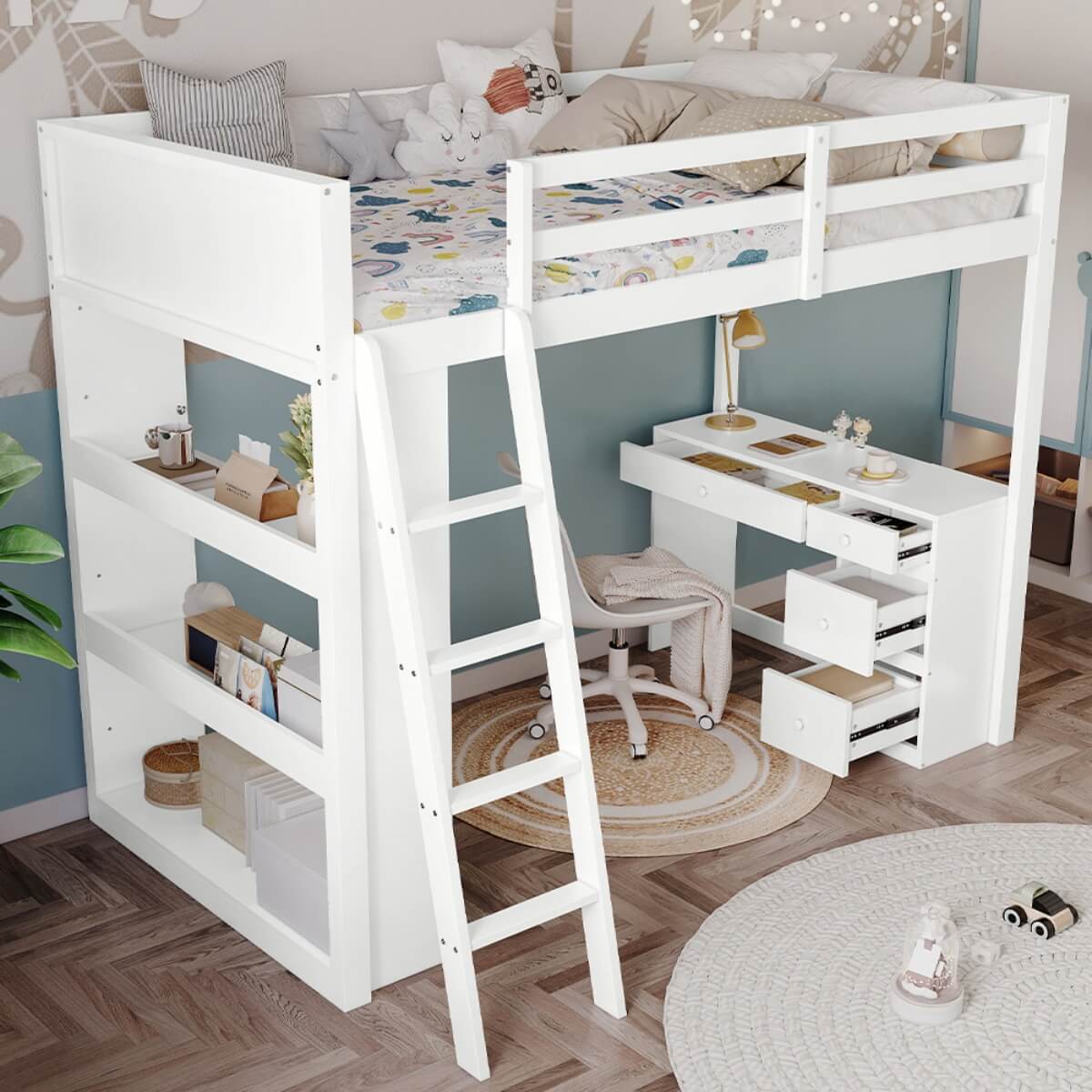 3ft Kids Bunk Bed with Desk & Storage – White Wooden Bed with 4-Step Ladder, Drawers & Shelves