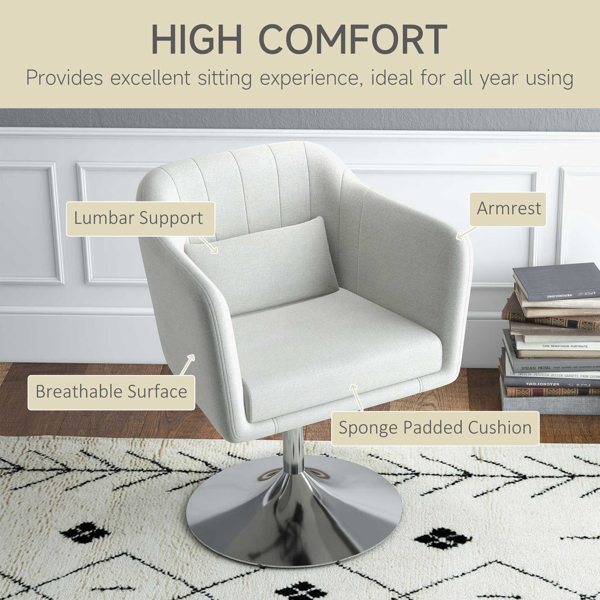 Modern Accent Chair with Swivel Base, Height Adjustable, Cream White