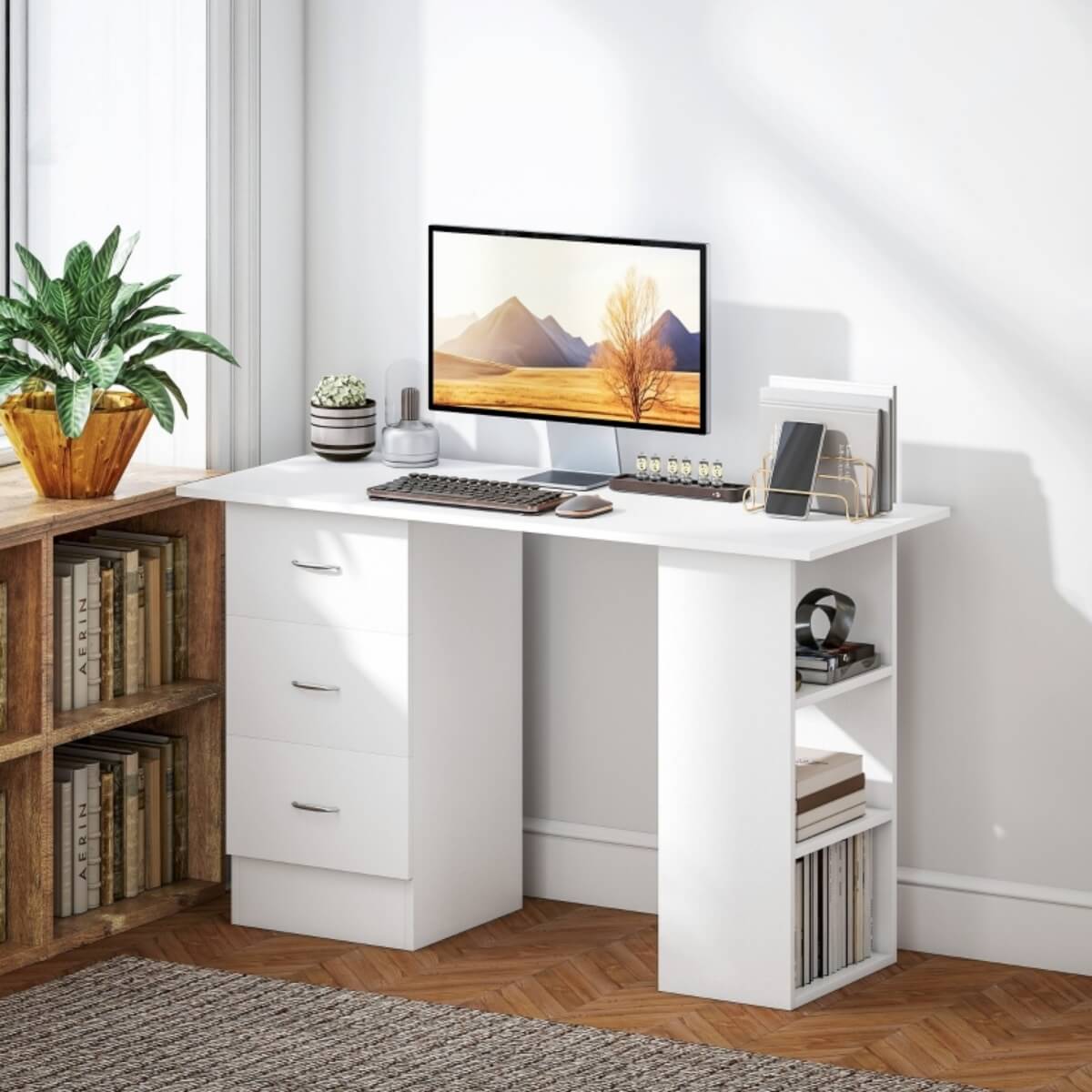 Computer Desk with Storage – Writing Desk with Drawers & Shelves for Home Office
