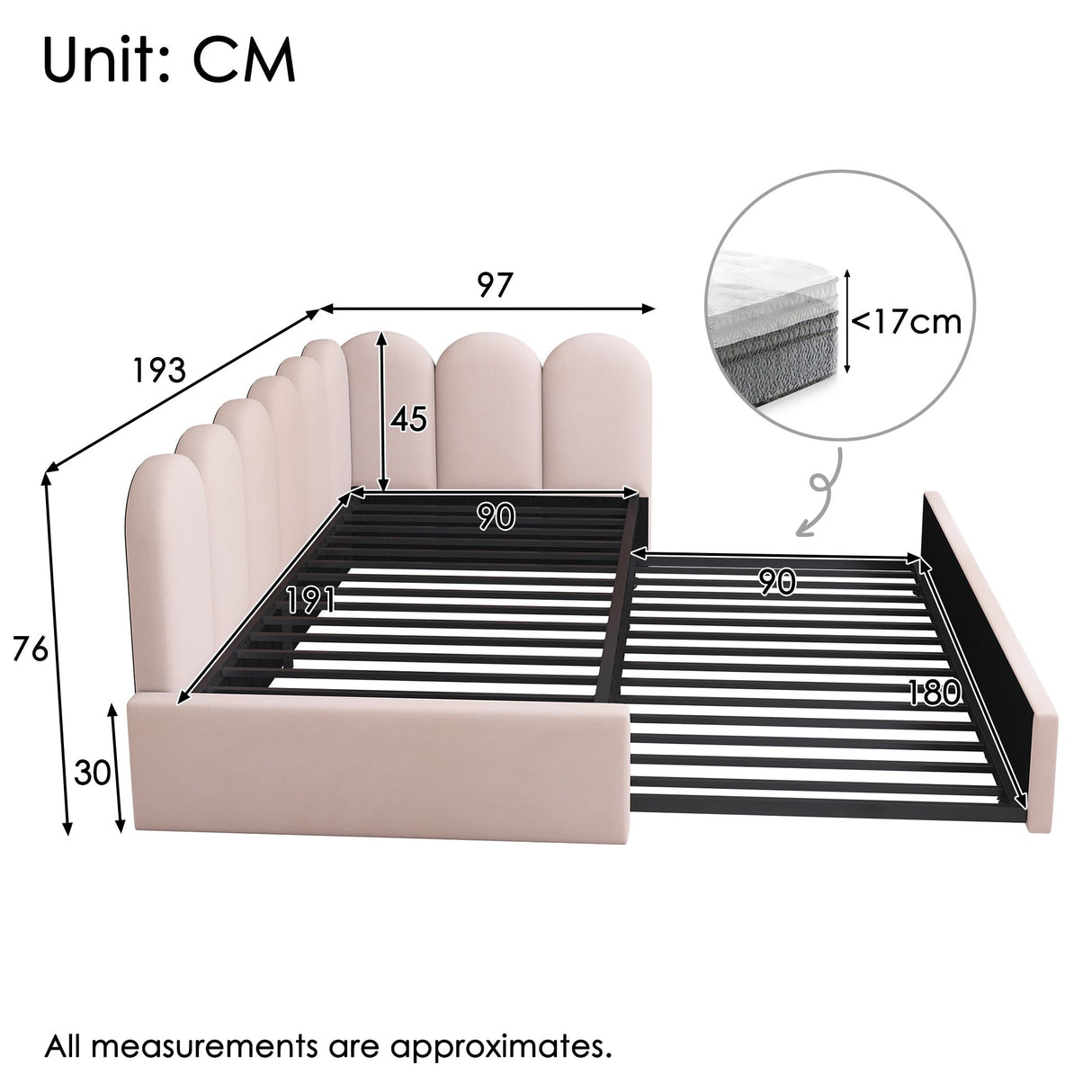 Upholstered Bed Daybed With Pull-Out Bed, 3FT Single Sofa Bed, Velvet, Pink