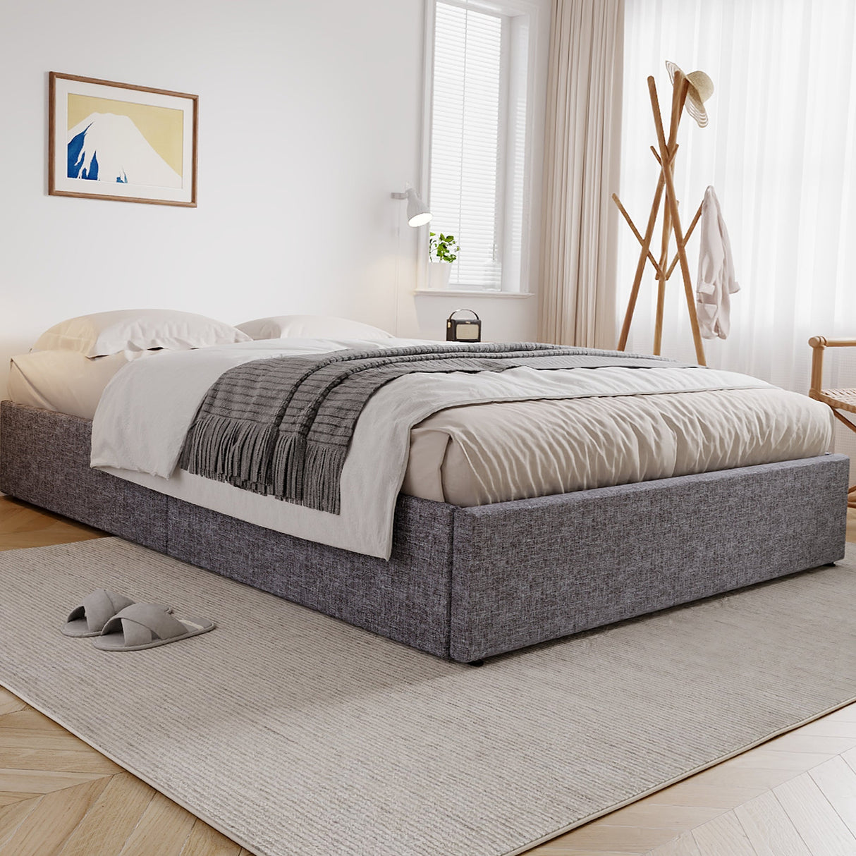 Storage Bed, Upholstered 4ft6 Double Bed with 4 Drawers, Iron Legs, Linen+Iron, Grey