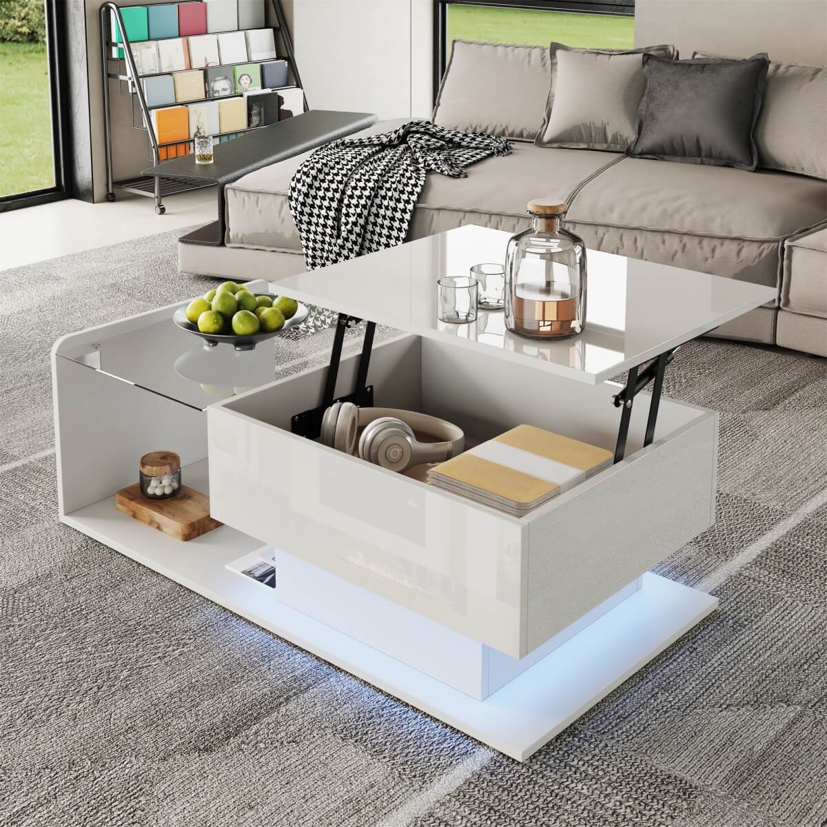 High Gloss White Coffee Table with Glass Top – Modern LED Side Table for Living Room
