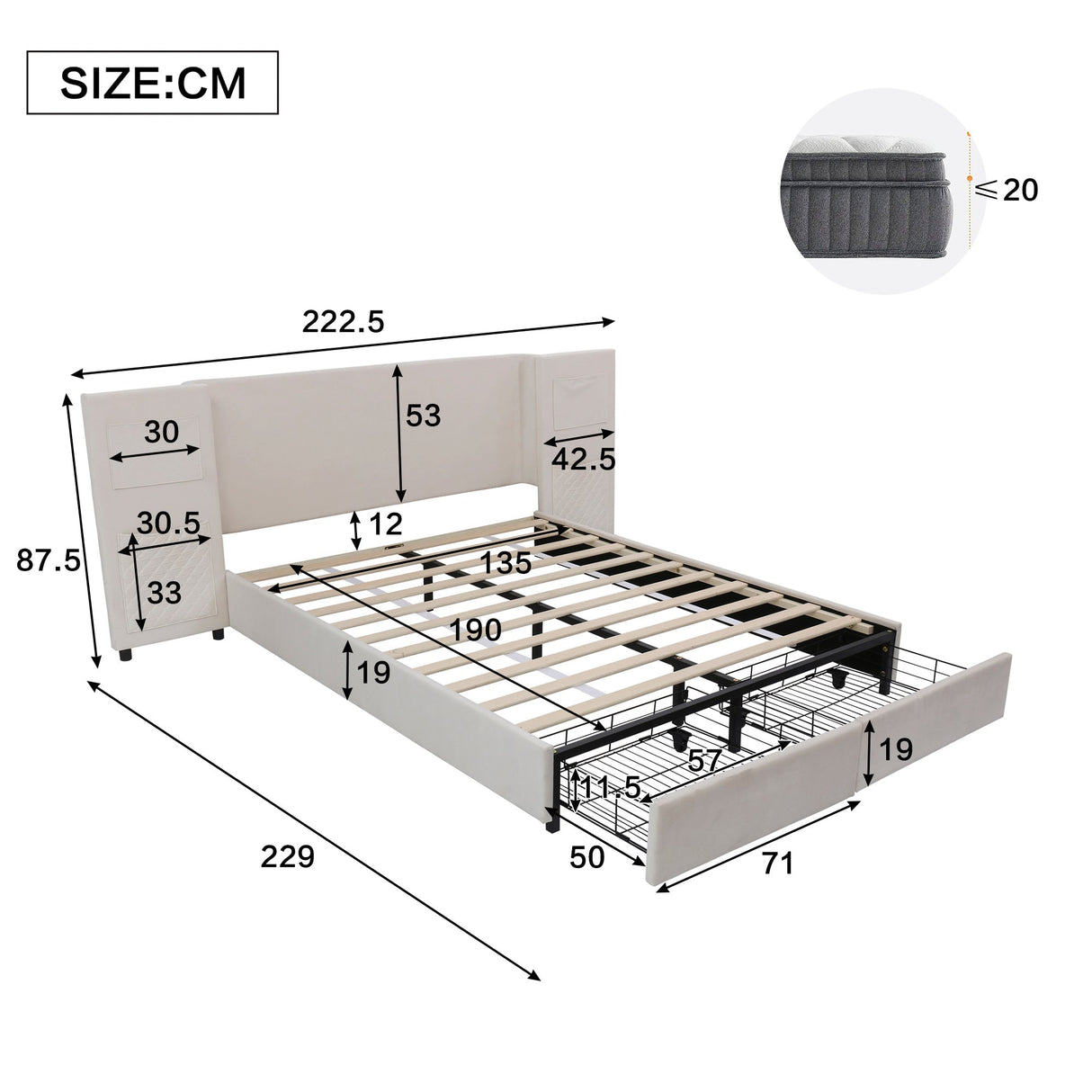 Upholstered Bed 4ft6 Double 135x190cm with Storage Pockets & Drawers, Beige Velvet